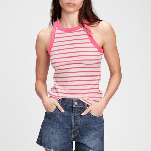 𝅺nwt GAP Halter-Neck Tank Top Size XS Pink and White Stripe Bodycon - Picture 1 of 5